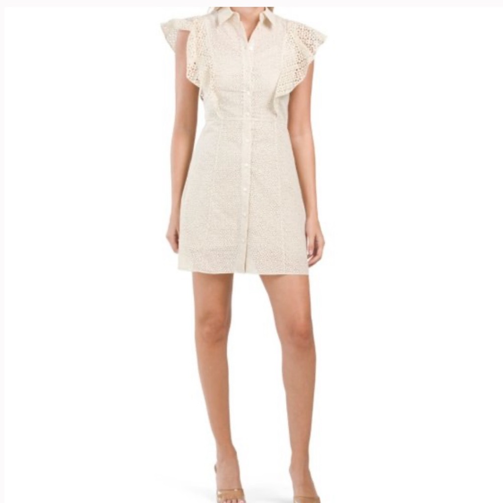 THEORY ecru Nova Eyelet Ruffle Sleeve Mini Shirt Dress size 00